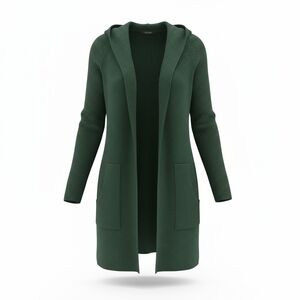 Cyrus Hooded Open-Front Long Cardigan in Forest Green